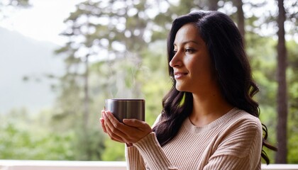 Young woman holding a mug of fresh brewed coffee