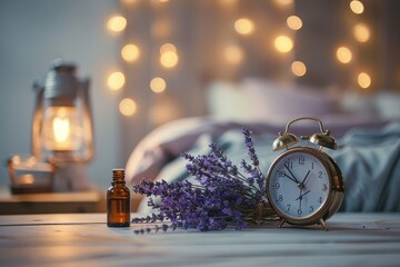 sleep disorder, bedtime, sleeping and morning concept - close up of alarm clock and lavender...
