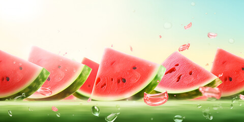 Slides fresh of watermelon on light blue background with water drops summer panorama
