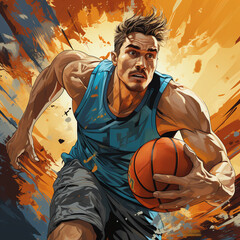 afro american athlete playing basket ball in comic painting style