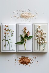 Minimalist Buckwheat Superfood Concept: Illustrated Books, Grains, and Leaves on White Background