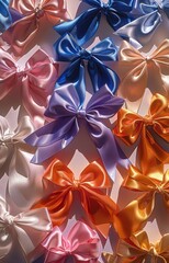 Colorful Satin Ribbon Bows Arranged on White Background in Feminine Fashion Pattern