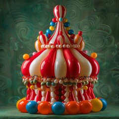 Colorful Balloon Sculpture Resembling a Fantasy Carousel on Green Background
