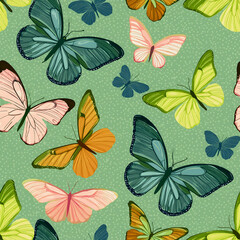 a seamless, vibrant background pattern of colorful butterflies in mid-flight, detailed textures of their wings