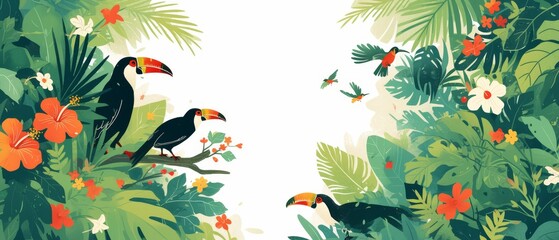 Fototapeta premium Tropical birds and foliage border, exotic summer sales banner, bright reds and greens, lush design