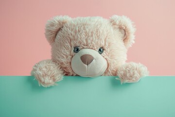 Smiling white teddy bear looking behind pastel green wall. Mock up for happy, positive idea. Empty place for inspiration, emotional, sentimental text, quote or sayings on pink background. Front view.