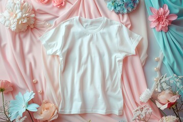 Fototapeta na wymiar Pastel-Colored Background with Feminine Styled White T-Shirt and Floral Decor for Spring Fashion