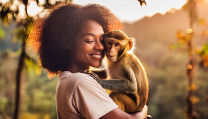 Girls holding a monkey in her arms. Animal rescue.  - obrazy, fototapety, plakaty
