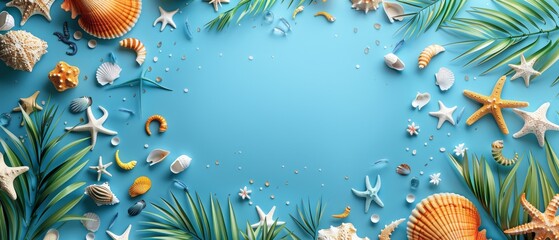 Obraz na płótnie Canvas Nautical summer sales banner, maritime elements and tropical beach border, nautical colors, themed copy space