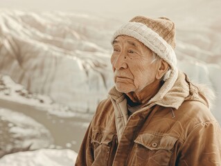 Elderly Indigenous Man Contemplates Melting Arctic Landscape: An Ode to Vanishing Ecosystems