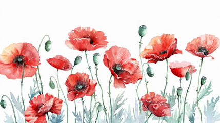 Artistic rendering of poppies in bloom, suited for botanical education and artistry.