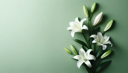 Elegant white lily on green pastel background, Floral flat lay for design with copy space.