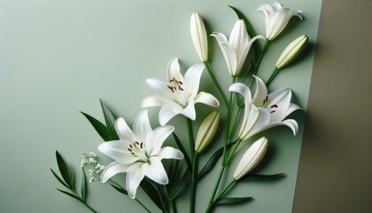 Elegant white lily on green pastel background, Floral flat lay for design with copy space.