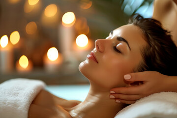 Woman enjoying a serene spa day with essential oils and soft candlelight.