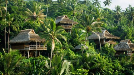 Thatched-roof eco-resort villas nestled in a dense tropical hillside, ideal for travel and sustainable tourism.