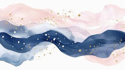 Elegant blue and coral watercolor waves with gold specks, perfect for design elements.
