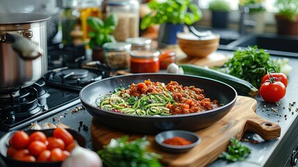 Obraz premium Cooking pan with zoodles and tomato sauce on a kitchen counter. Generated AI.