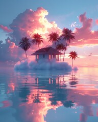 Surreal Sunset Dreamscape: Cloud-Hovering House Over Serene Beach