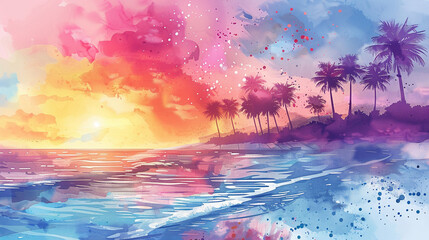 Fototapeta na wymiar depicting a tropical paradise with palm trees against a backdrop of vibrant watercolor splashes