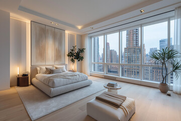 Luxury New York bedroom in pastel tones featuring minimalist design, soft textiles, and natural evening light.
