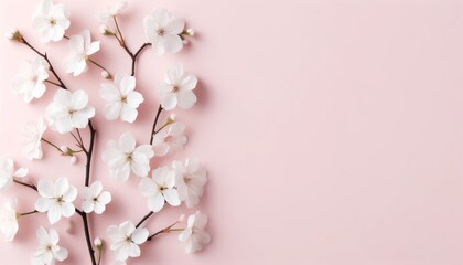 Cherry blossoms on a soft pink background, Floral flat lay for design with copy space.