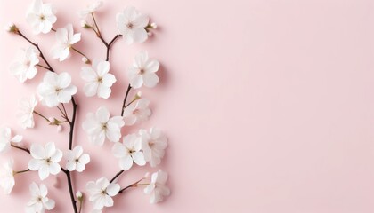 Obraz premium Cherry blossoms on a soft pink background, Floral flat lay for design with copy space.