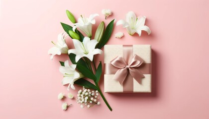 Gift box with satin ribbon and white lily on a soft pink background, perfect for special occasions.