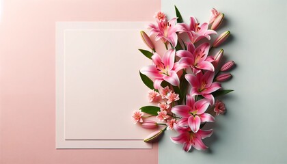 Vibrant pink lily flowers arranged around a blank pink card, ideal for invitations or announcements.