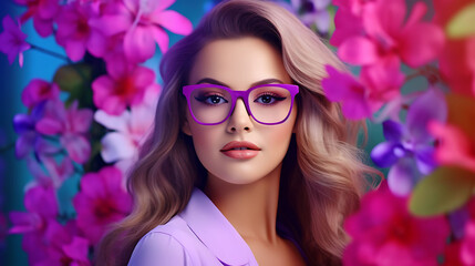 A confident female customer, glasses gleaming, on a vibrant orchid background