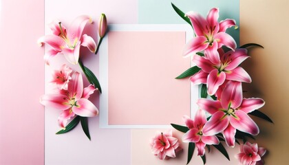 Vibrant pink lily flowers arranged around a blank pink card, ideal for invitations or announcements.