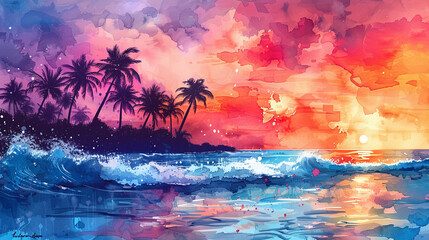 depicting a tropical paradise with palm trees against a backdrop of vibrant watercolor splashes