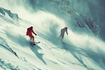Snowboarding in the snowy mountains. Winter freeride extreme sport. Freeride, two riders snowboarding downhill