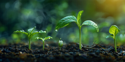 Tender green shoots emerge from earth's embrace, glistening with dew under a tranquil dawn's light.