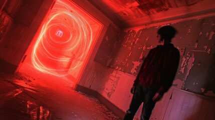 Mystical Light Painting Exploration by Adult in Gothic Haunted Building for National Paranormal Day