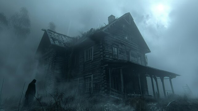 Mysterious Shadowy Figure in Fog-Enshrouded Gothic Wooden House for National Paranormal Day