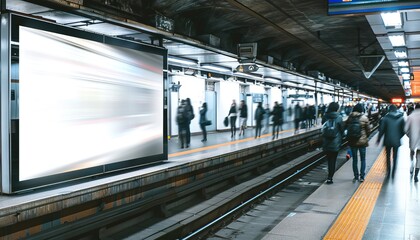 Obraz premium A busy subway station with a large white billboard in the background by AI generated image