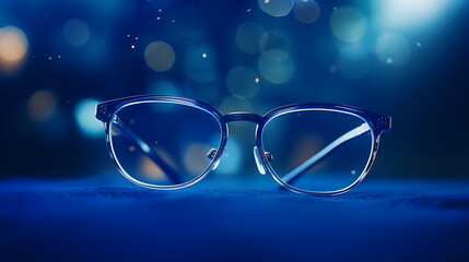 A professional woman, glasses shining, on a rich sapphire blue background