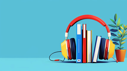 Books with headphones on blue background - concept of audiobooks and education, space for text.