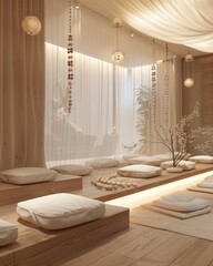 Serene Meditation Sanctuary Bathed in Ethereal Light with Spiritual Icons
