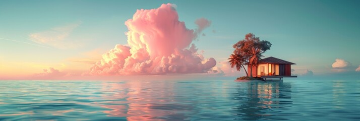 Serene Oceanic: Cozy Floating House with Palm Tree Under Pastel Sky