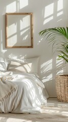 Serene Bedroom Oasis: Morning Light in a Minimalist Spring Cleaning Setting with Plant Accent