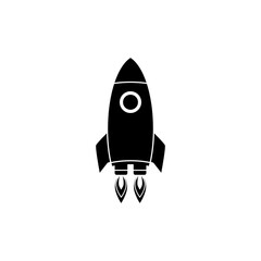 Rocket ship with fire. Vector illustration with flying rocket. Space travel. Project start up sign. Creative idea symbol. Black and white. © yudi