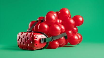 Surrealistic Conceptual Art Featuring Watermelon Helmet and Cluster of Red Balloons Against Green...