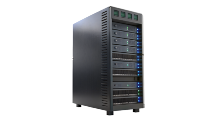 Black server rack stores computer equipment with cables for data network connections