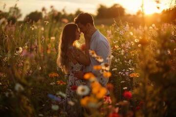 A couple sharing a warm embrace in a field of wildflowers