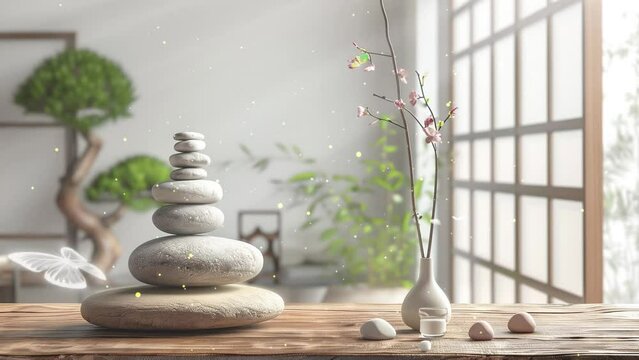 wooden vintage table shelf with stone balance near a window. seamless looping overlay 4k virtual video animation background