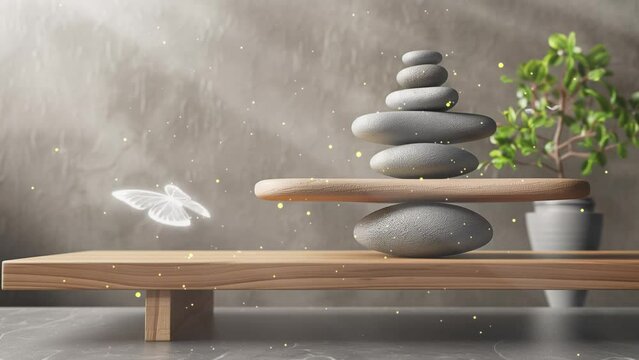 wooden vintage table shelf with stone balance. interior background. seamless looping overlay 4k virtual video animation background