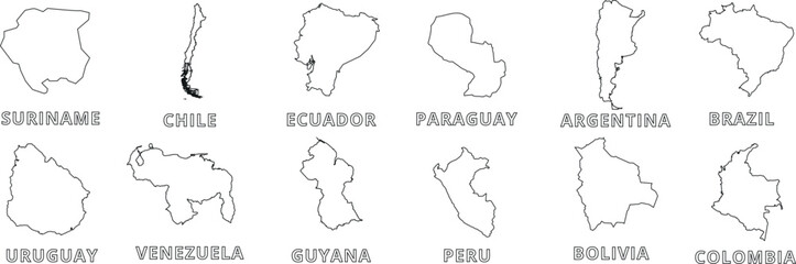 South American country map line art, black map lined vector illustration. Perfect for educational, travel, and geographical theme