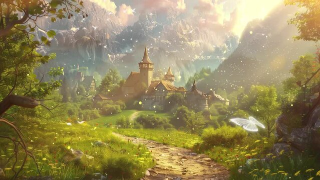 fantasy landscape background.  return back home 3d CG. seamless looping overlay 4k virtual video animation background