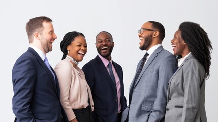 Fototapeta premium A group of diverse engineers in business attire, laughing together, vibrant and inclusive, against a clean white background, styled as a networking event.